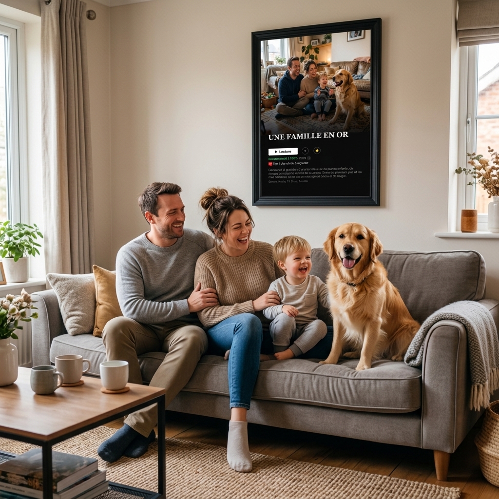 Affiche Netflix famille personnalisée — votre tribu en vedette Affiche Netflix personnalisée famille affichée dans un salon cosy avec canapé