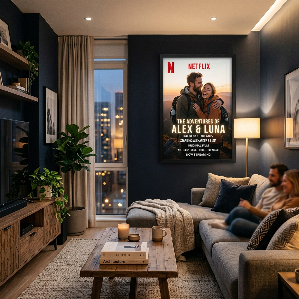 Décorez votre salon avec une affiche Netflix unique et personnalisée Affiche Netflix personnalisée dans un salon moderne, le cadeau original parfait