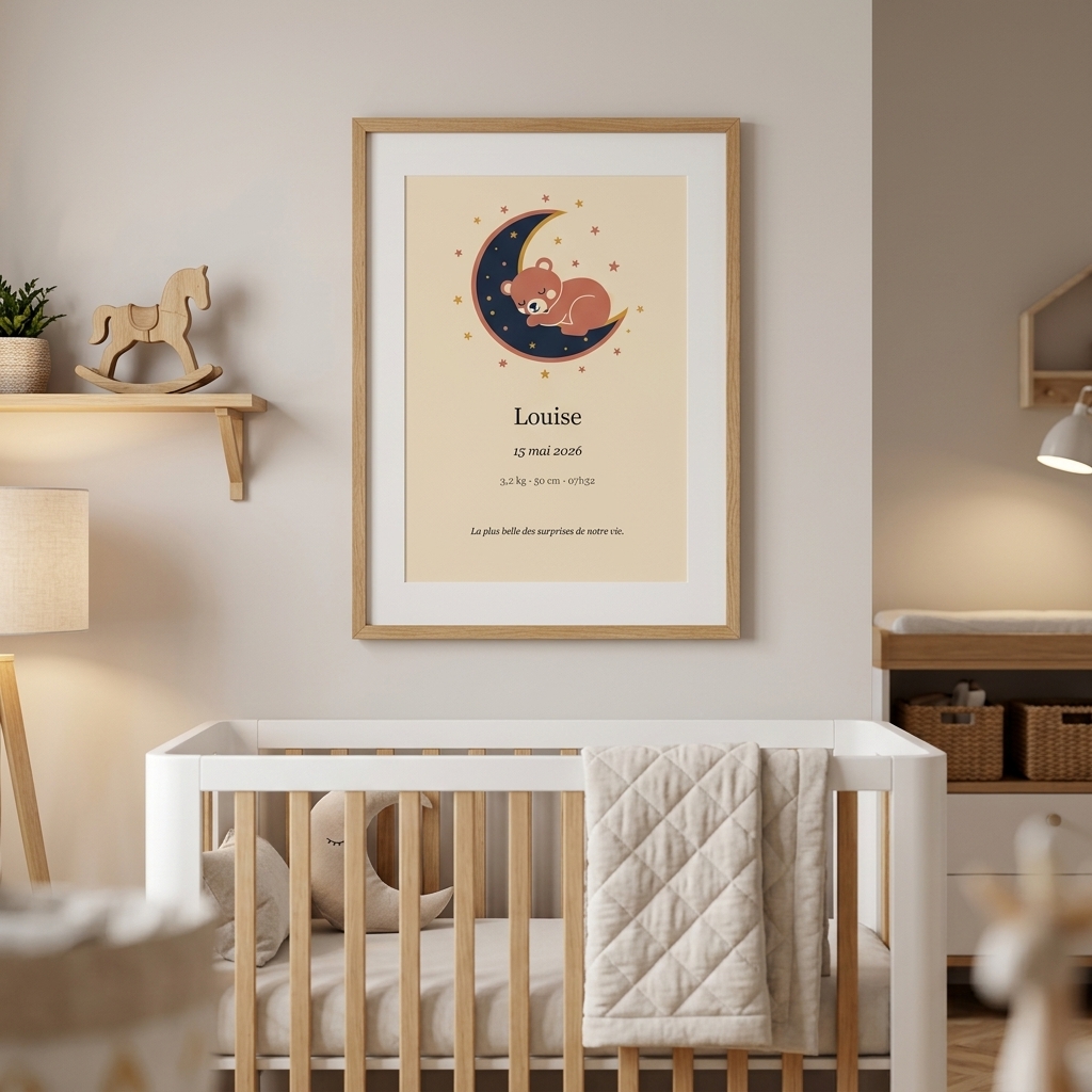Cadeau de naissance personnalisé : l'affiche prénom bébé, souvenir intemporel Cadeau de naissance personnalisé — affiche encadrée avec prénom bébé dans une chambre cosy