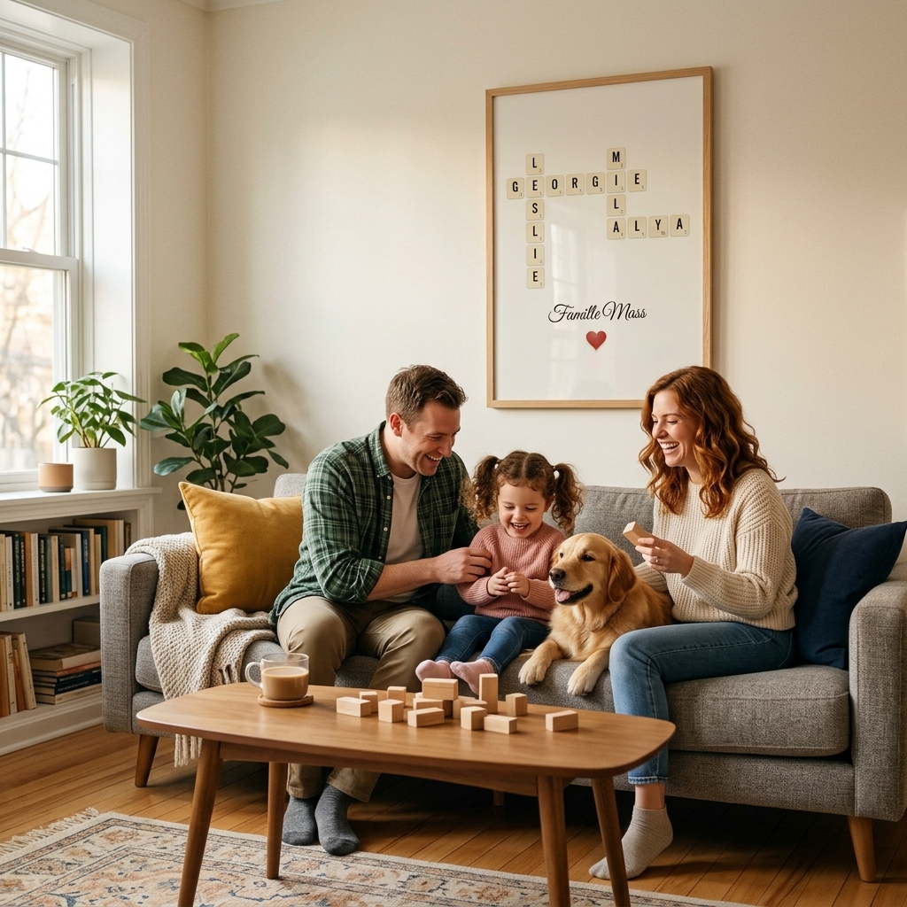 Cadre personnalisé famille — l'idée déco qui traverse les années Famille heureuse dans leur salon avec une affiche Scrabble personnalisée au mur