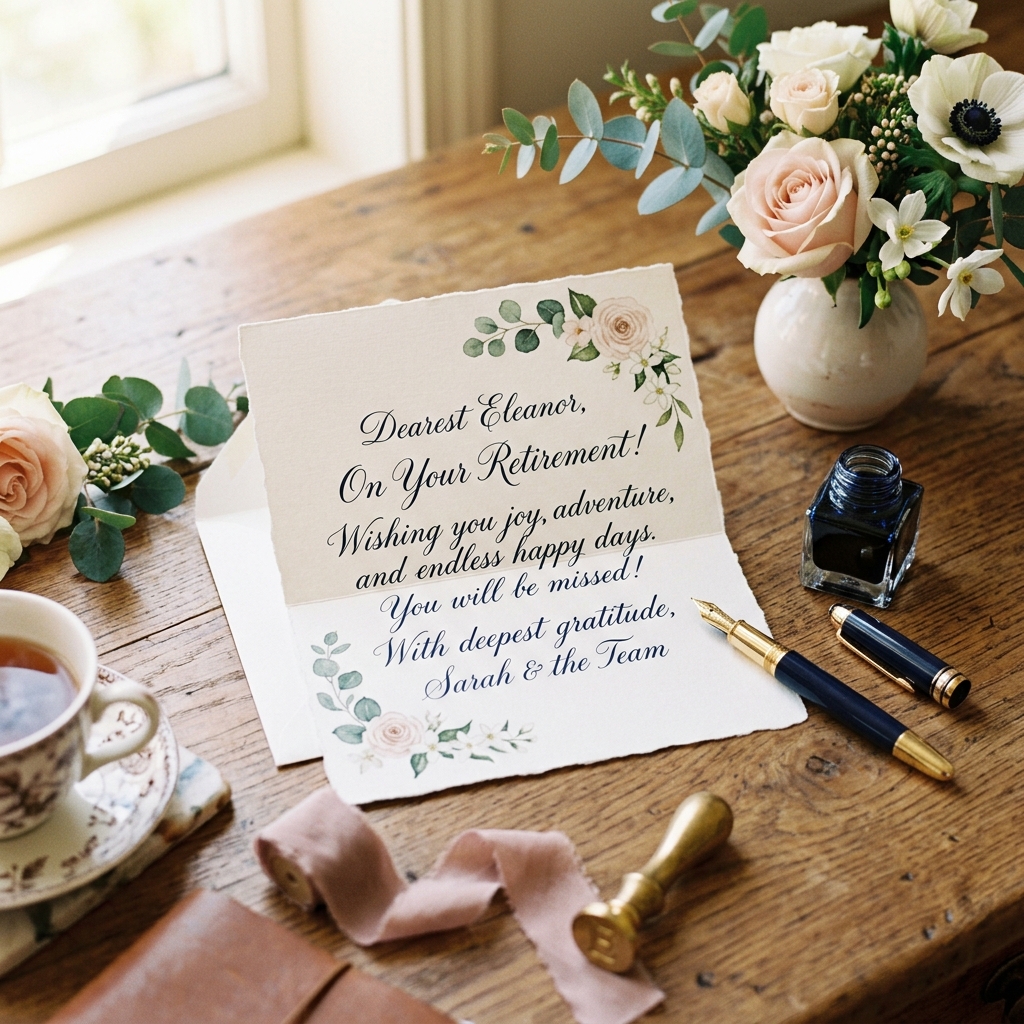 Prenez le temps de rédiger un message mémorable Une magnifique carte de départ en retraite posée sur un bureau en bois