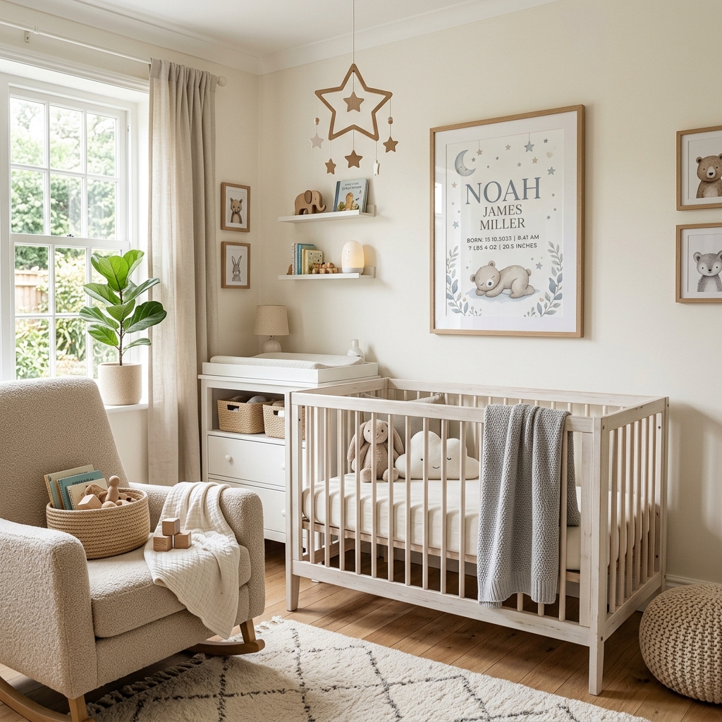 Offrez un tableau de naissance personnalisé pour décorer la chambre de bébé Idée de cadeau de naissance : un tableau personnalisé encadré dans une chambre de bébé
